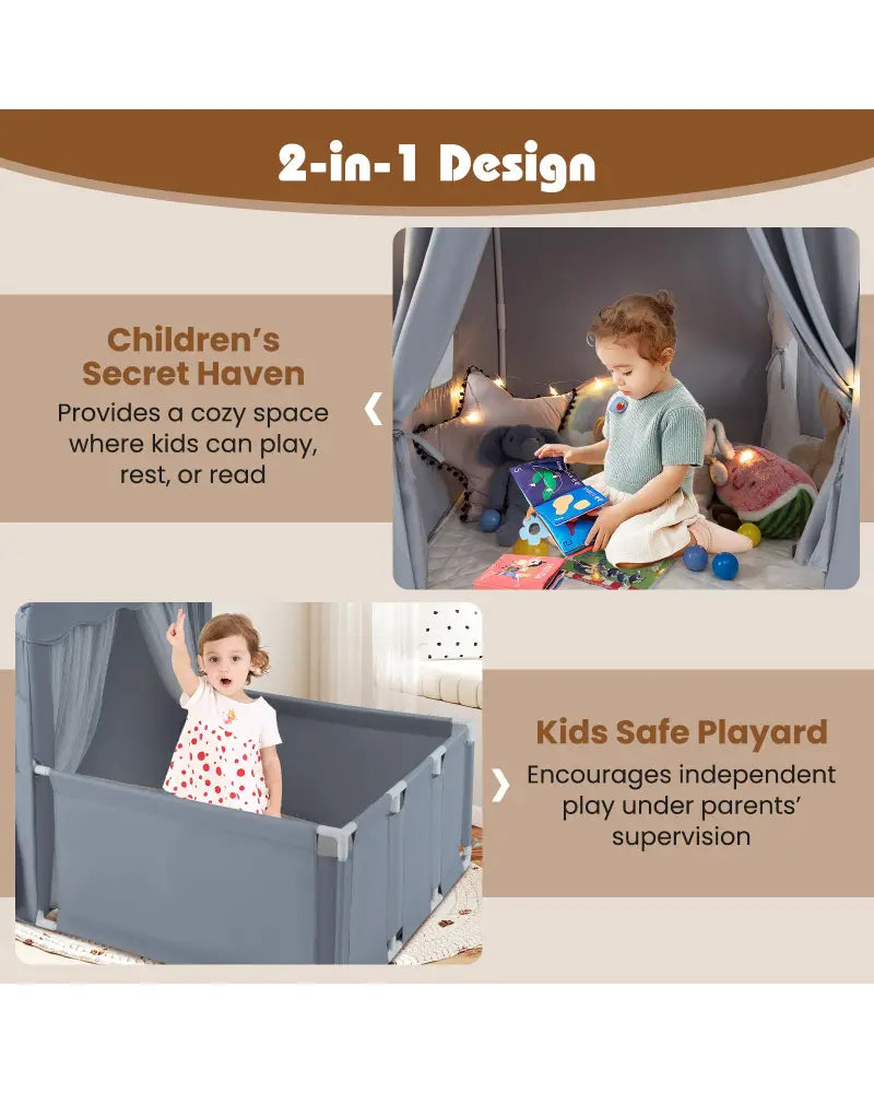 Kids Play Tent with Playpen 2-in-1 Toddler Playhouse with Yard-Grey - Gray - Play Tents & Playhouse