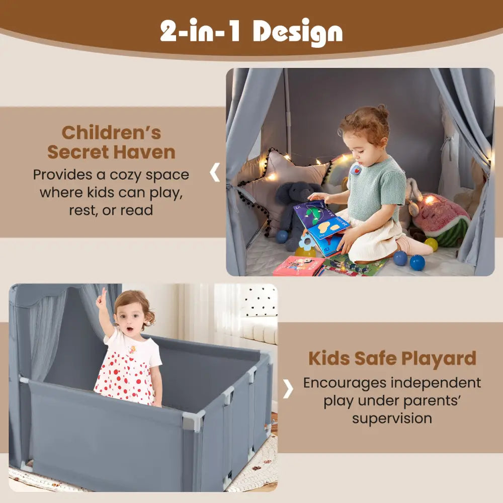 Kids Play Tent with Playpen 2-in-1 Toddler Playhouse with Yard-Grey - Gray - Play Tents & Playhouse