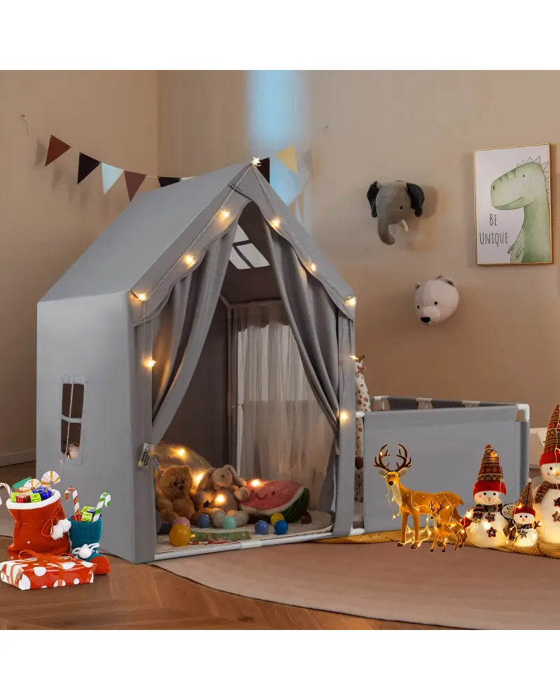 Kids Play Tent with Playpen 2-in-1 Toddler Playhouse with Yard-Grey - Gray - Play Tents & Playhouse