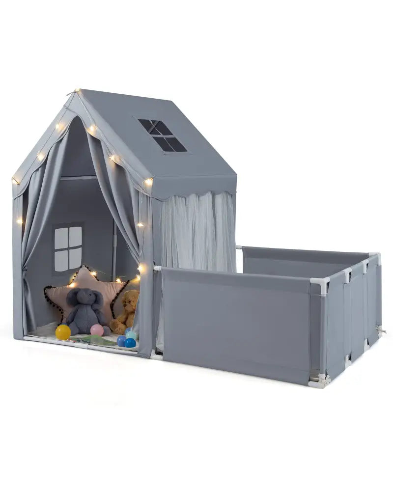 Kids Play Tent with Playpen 2-in-1 Toddler Playhouse with Yard-Grey - Gray - Play Tents & Playhouse