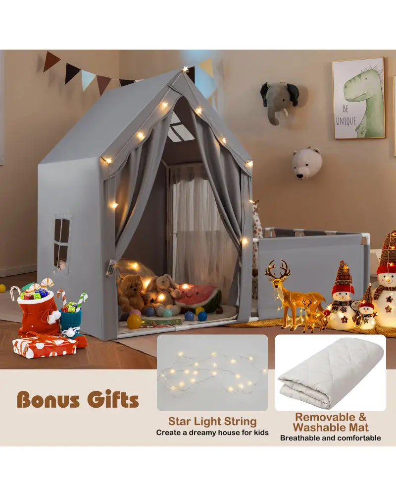 Kids Play Tent with Playpen 2-in-1 Toddler Playhouse with Yard-Grey - Gray - Play Tents & Playhouse