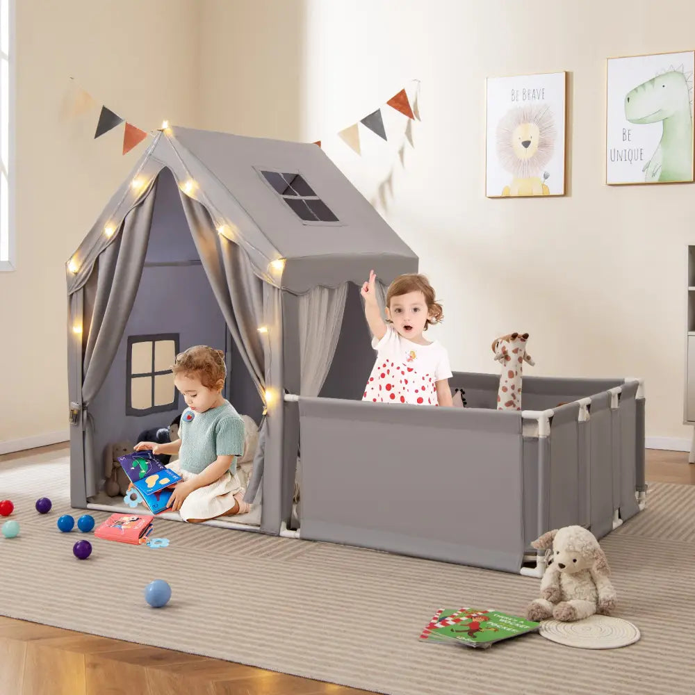 Kids Play Tent with Playpen 2-in-1 Toddler Playhouse with Yard-Grey - Gray - Play Tents & Playhouse