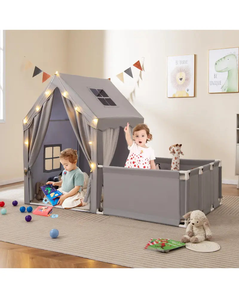 Kids Play Tent with Playpen 2-in-1 Toddler Playhouse with Yard-Grey - Gray - Play Tents & Playhouse