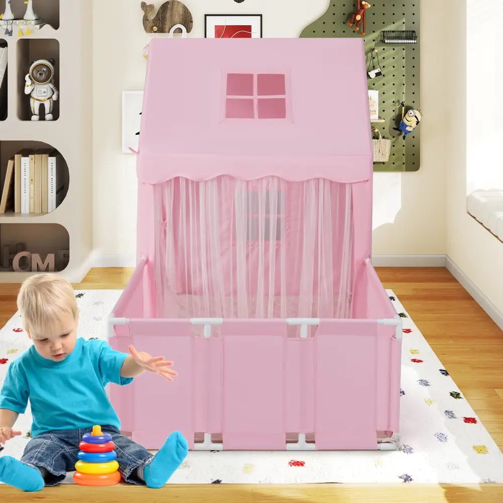 Kids Play Tent with Playpen 2-in-1 Toddler Playhouse with Yard-Pink - Pink - Play Tents & Playhouse