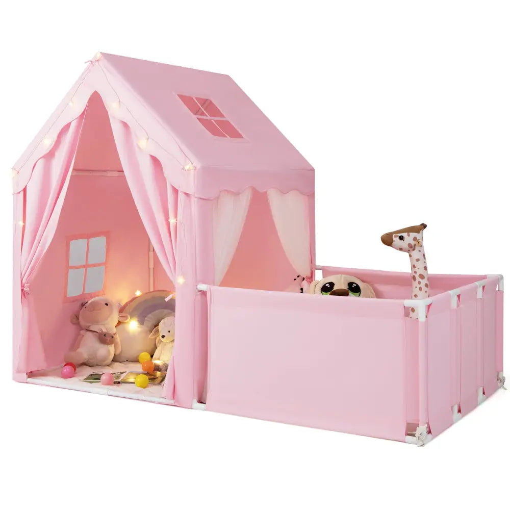 Kids Play Tent with Playpen 2-in-1 Toddler Playhouse with Yard-Pink - Pink - Play Tents & Playhouse
