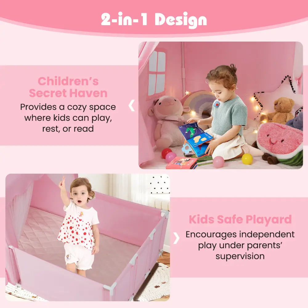 Kids Play Tent with Playpen 2-in-1 Toddler Playhouse with Yard-Pink - Pink - Play Tents & Playhouse