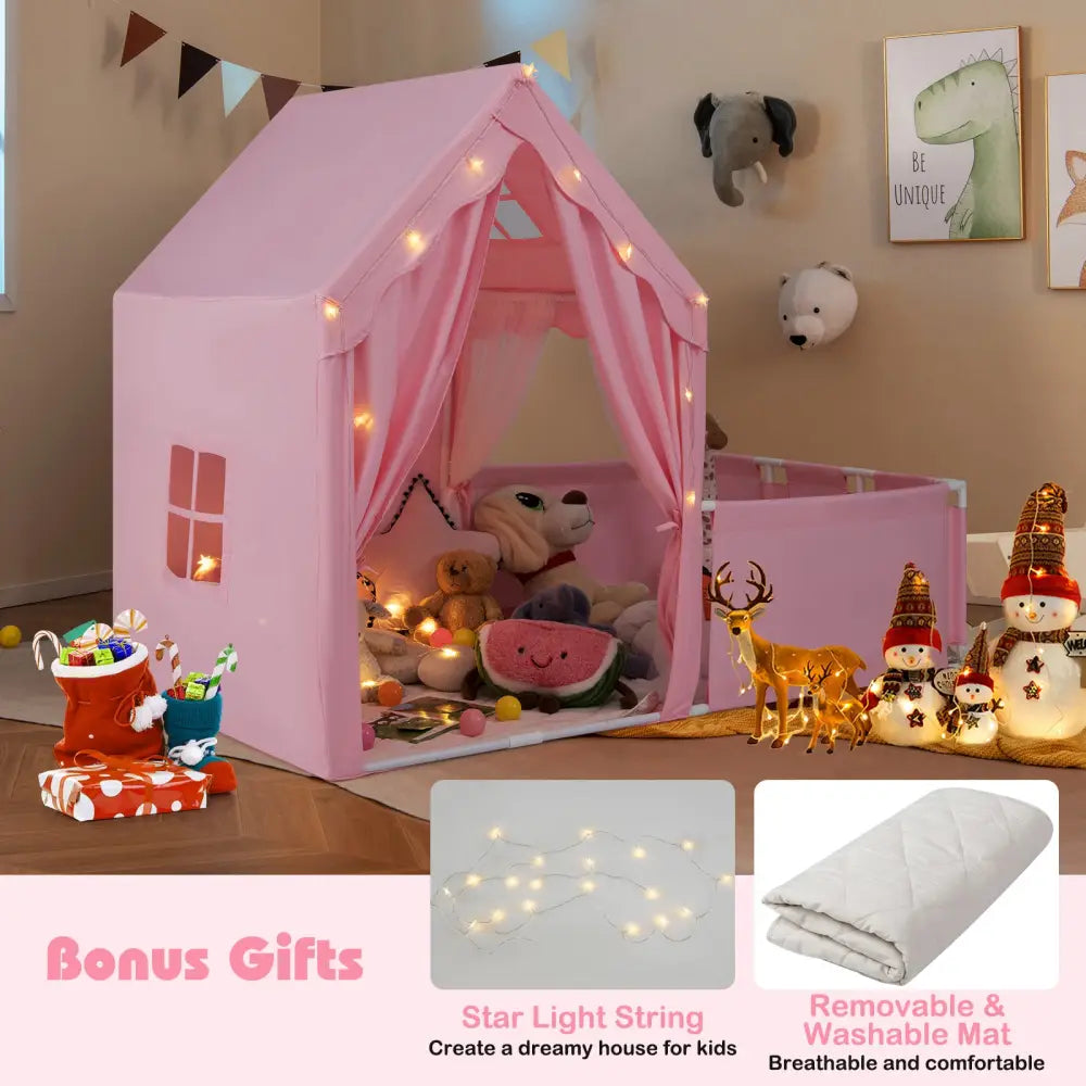 Kids Play Tent with Playpen 2-in-1 Toddler Playhouse with Yard-Pink - Pink - Play Tents & Playhouse