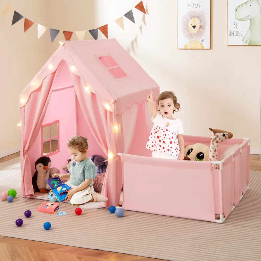 Kids Play Tent with Playpen 2-in-1 Toddler Playhouse with Yard-Pink - Pink - Play Tents & Playhouse