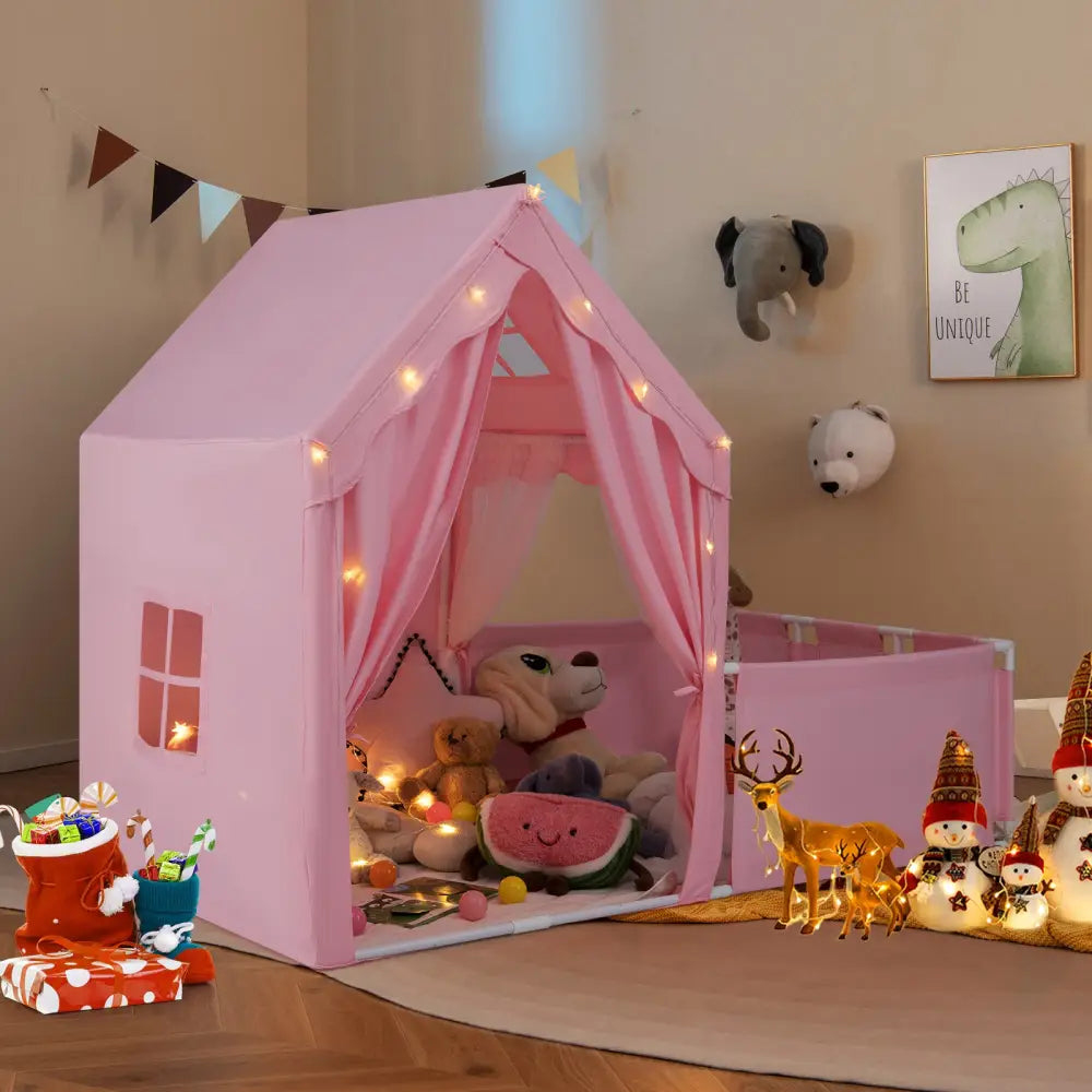 Kids Play Tent with Playpen 2-in-1 Toddler Playhouse with Yard-Pink - Pink - Play Tents & Playhouse