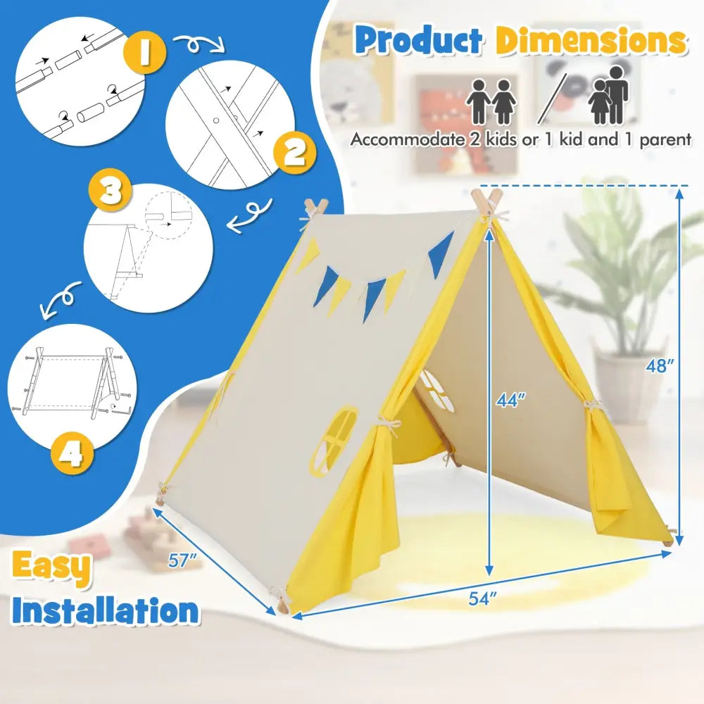 Kids Play Tent with Solid Wood Frame Holiday Birthday Gift & Toy for Boys & Girls-Yellow - Yellow - Play Tents &