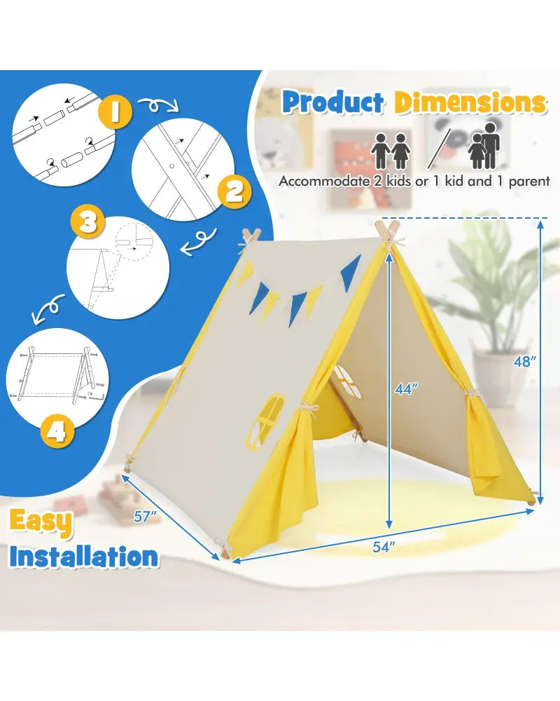 Kids Play Tent with Solid Wood Frame Holiday Birthday Gift & Toy for Boys & Girls-Yellow - Yellow - Play Tents &