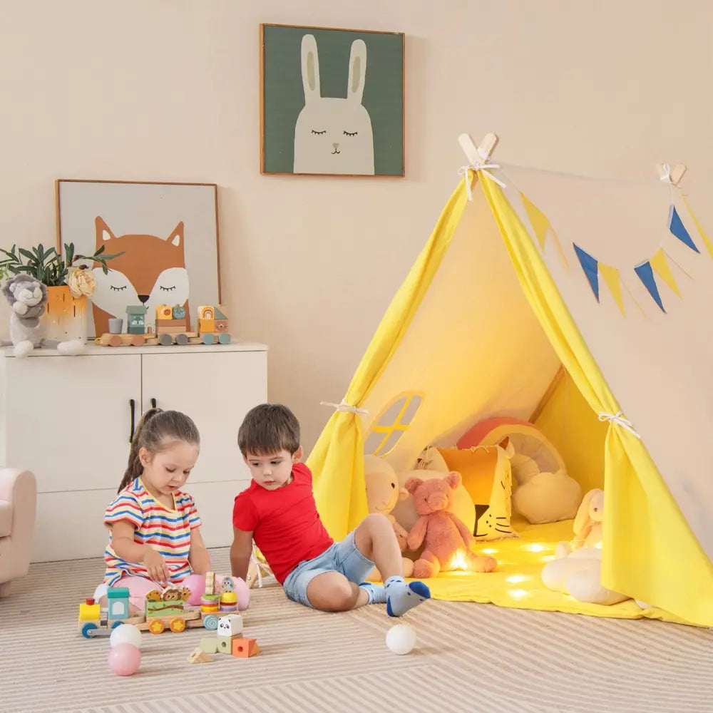 Kids Play Tent with Solid Wood Frame Holiday Birthday Gift & Toy for Boys & Girls-Yellow - Yellow - Play Tents &