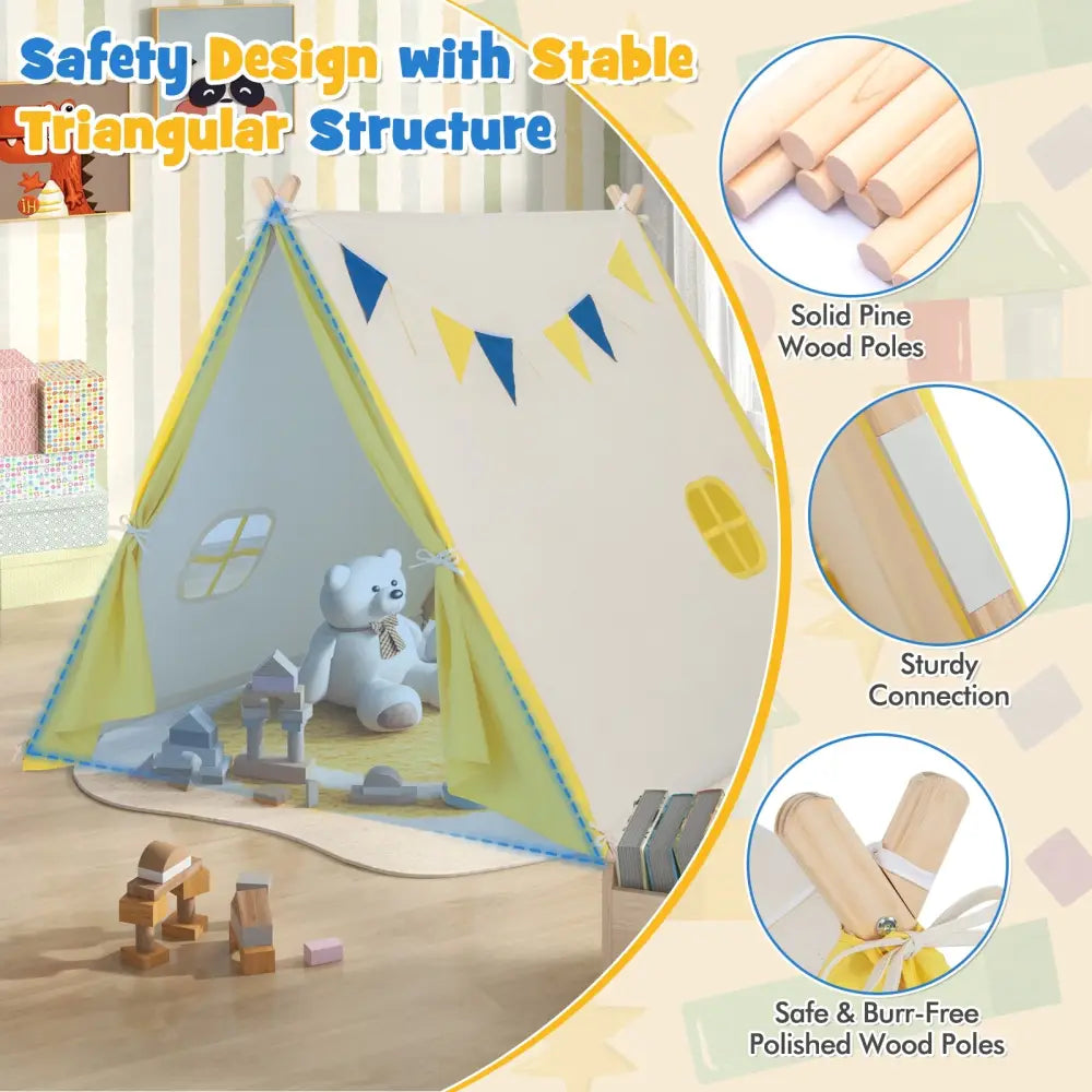 Kids Play Tent with Solid Wood Frame Holiday Birthday Gift & Toy for Boys & Girls-Yellow - Yellow - Play Tents &