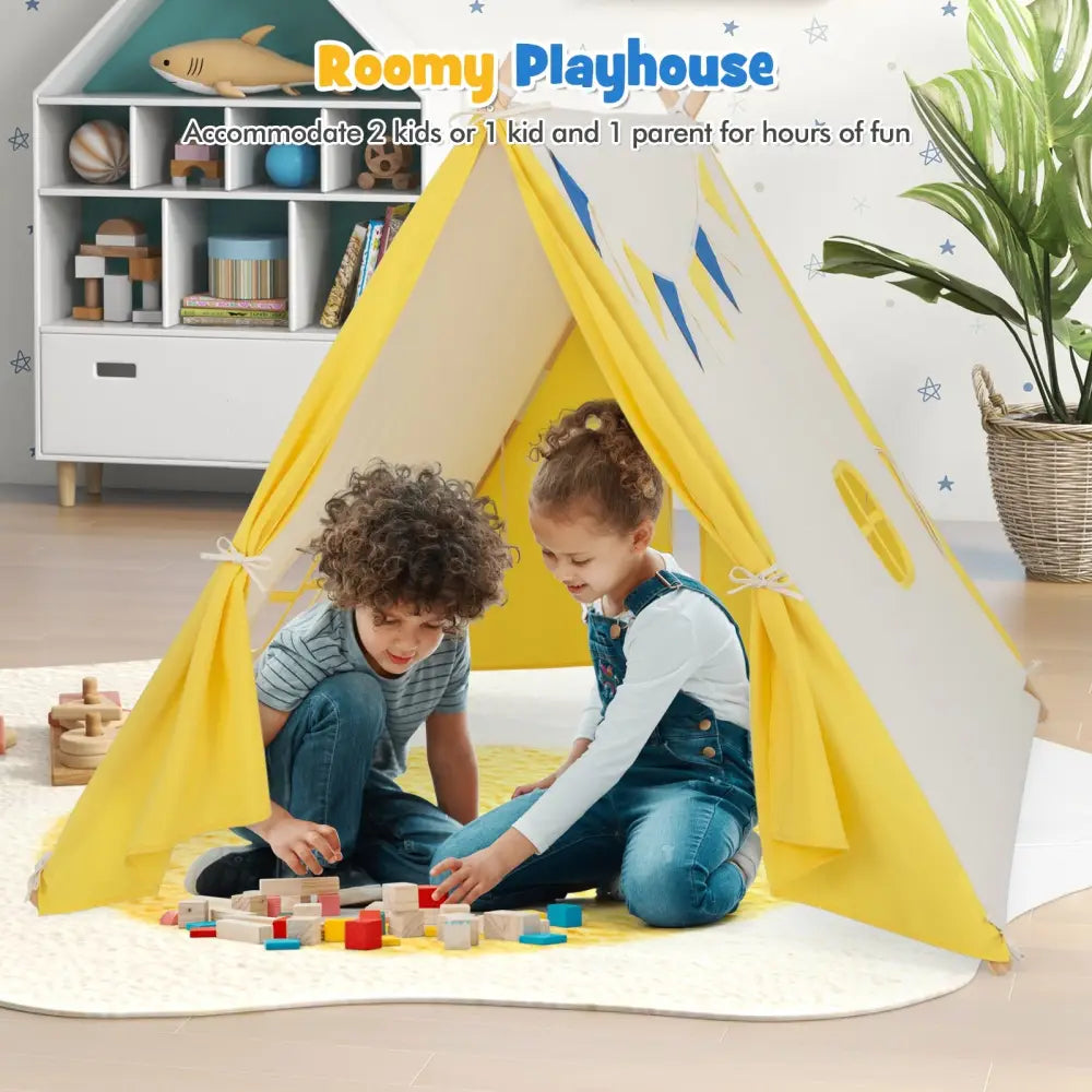 Kids Play Tent with Solid Wood Frame Holiday Birthday Gift & Toy for Boys & Girls-Yellow - Yellow - Play Tents &