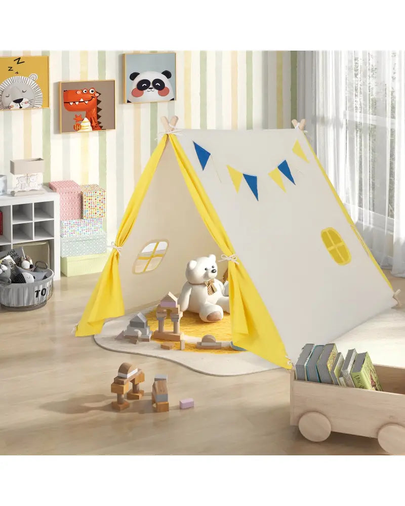Kids Play Tent with Solid Wood Frame Holiday Birthday Gift & Toy for Boys & Girls-Yellow - Yellow - Play Tents &