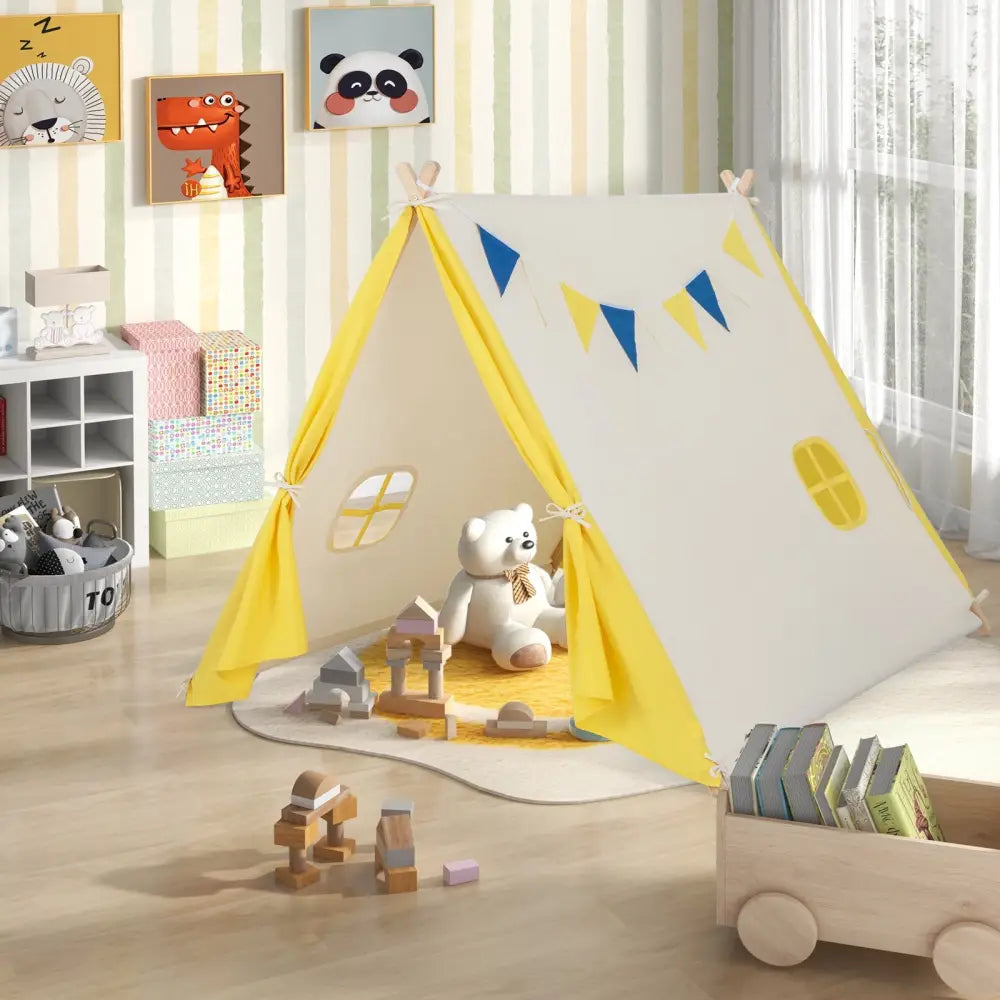 Kids Play Tent with Solid Wood Frame Holiday Birthday Gift & Toy for Boys & Girls-Yellow - Yellow - Play Tents &