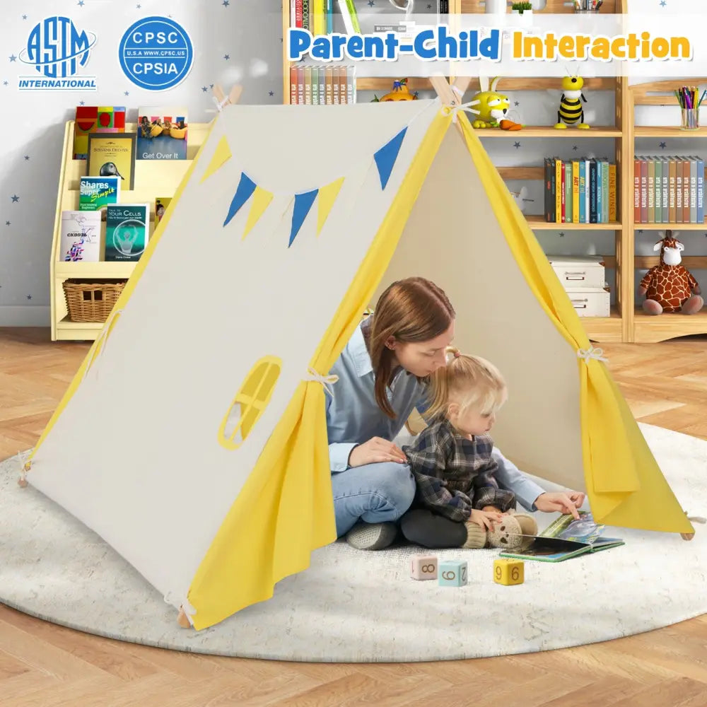 Kids Play Tent with Solid Wood Frame Holiday Birthday Gift & Toy for Boys & Girls-Yellow - Yellow - Play Tents &