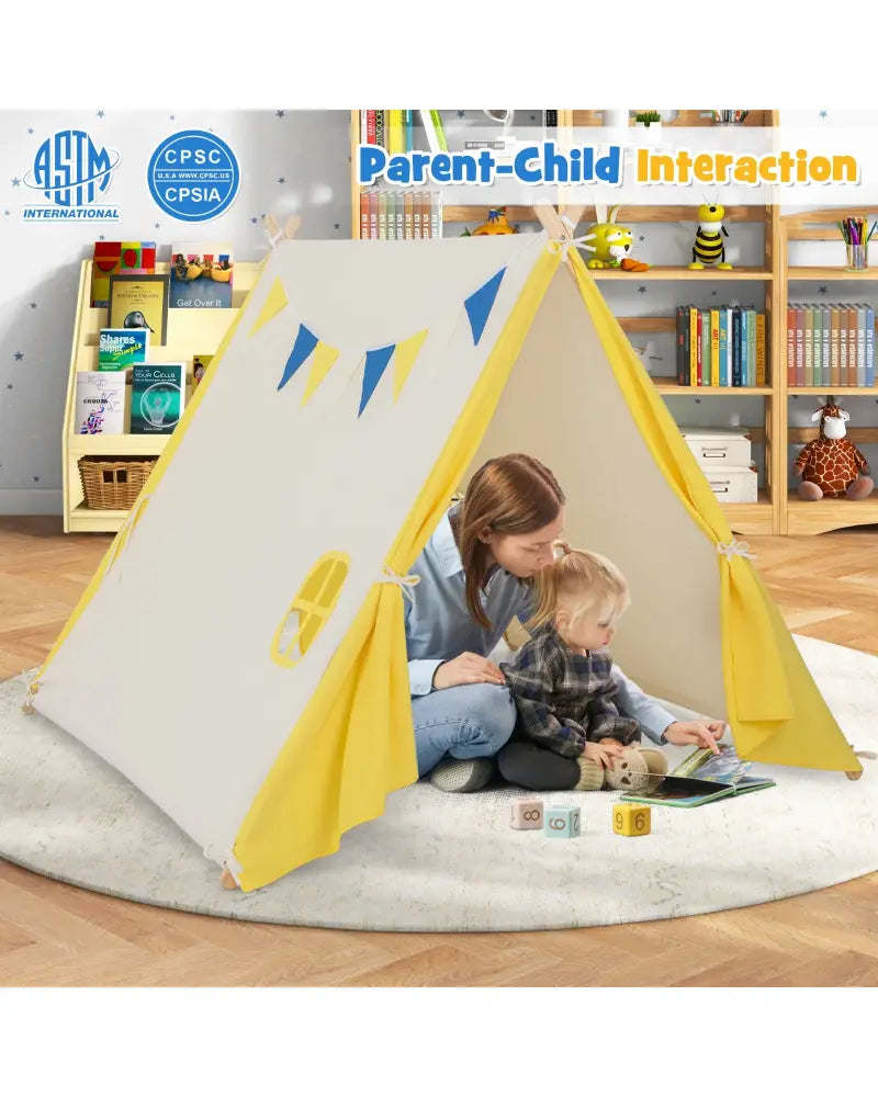 Kids Play Tent with Solid Wood Frame Holiday Birthday Gift & Toy for Boys & Girls-Yellow - Yellow - Play Tents &