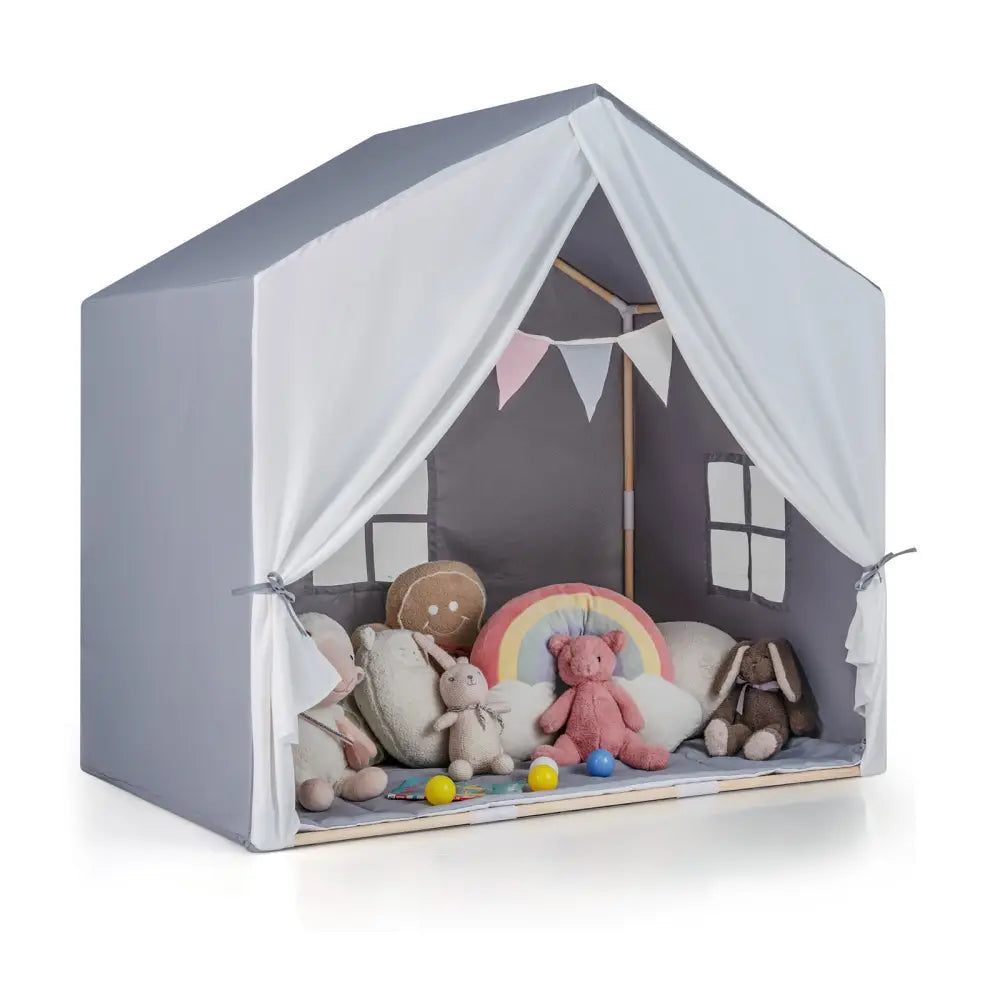 Kid’s Play Tent with Washable Cotton Mat and Flag Banner-Gray - Gray - Play Tents & Playhouse