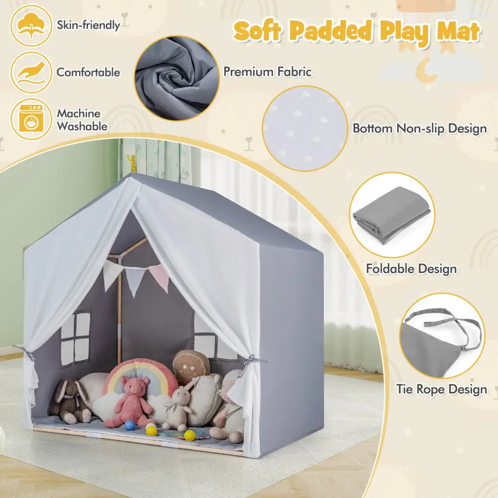 Kid’s Play Tent with Washable Cotton Mat and Flag Banner-Gray - Gray - Play Tents & Playhouse