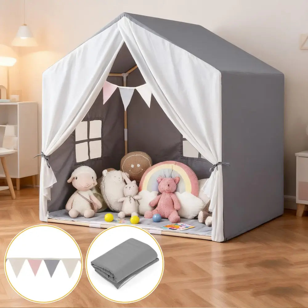 Kid’s Play Tent with Washable Cotton Mat and Flag Banner-Gray - Gray - Play Tents & Playhouse