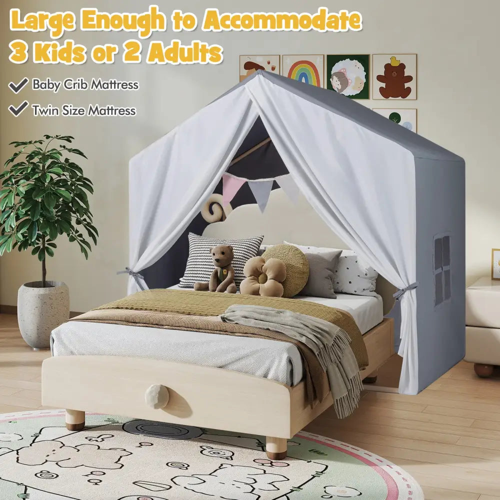 Kid’s Play Tent with Washable Cotton Mat and Flag Banner-Gray - Gray - Play Tents & Playhouse