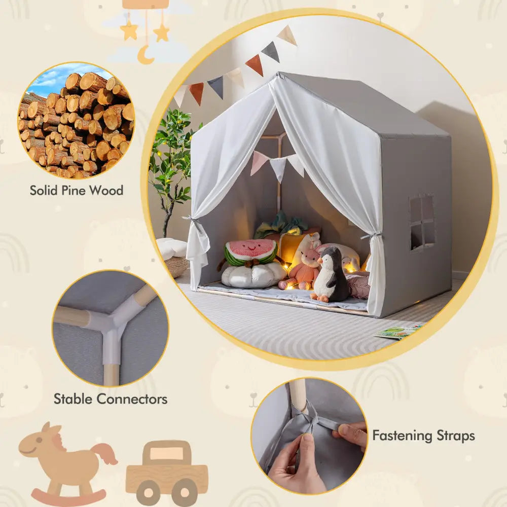 Kid’s Play Tent with Washable Cotton Mat and Flag Banner-Gray - Gray - Play Tents & Playhouse