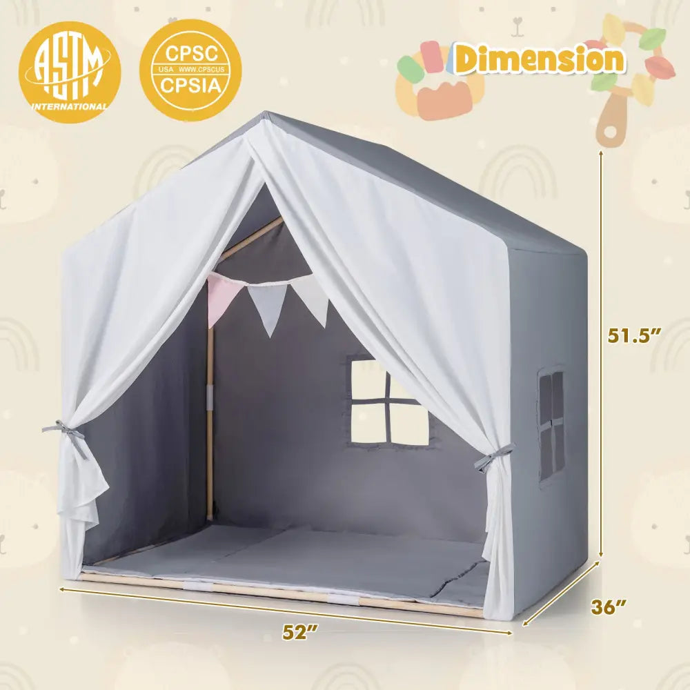 Kid’s Play Tent with Washable Cotton Mat and Flag Banner-Gray - Gray - Play Tents & Playhouse