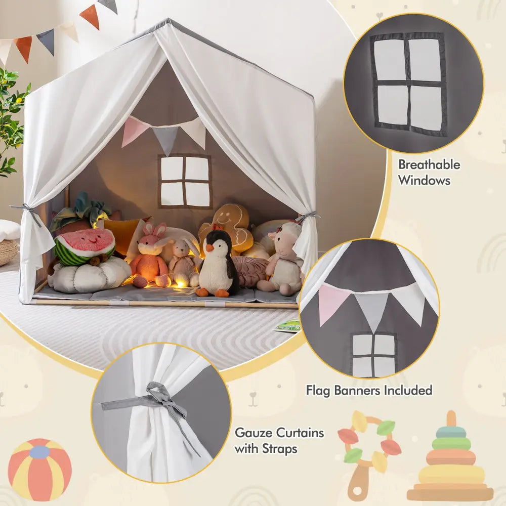Kid’s Play Tent with Washable Cotton Mat and Flag Banner-Gray - Gray - Play Tents & Playhouse