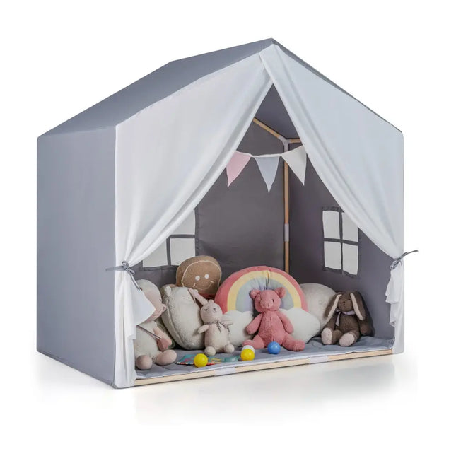 Kid’s Play Tent with Washable Cotton Mat and Flag Banner-Gray - Gray - Play Tents & Playhouse