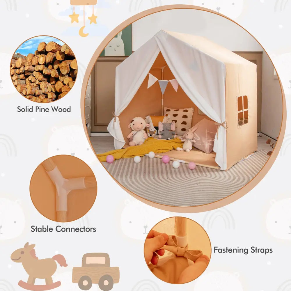 Kid’s Play Tent with Washable Cotton Mat and Flag Banner-Orange - Orange - Play Tents & Playhouse