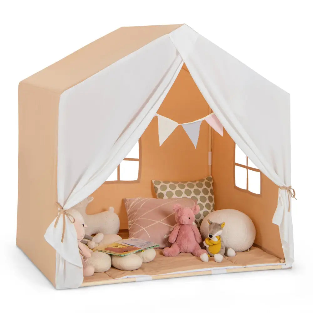 Kid’s Play Tent with Washable Cotton Mat and Flag Banner-Orange - Orange - Play Tents & Playhouse