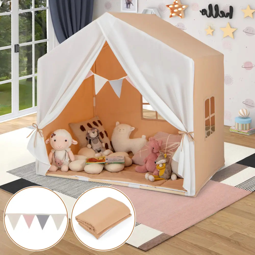 Kid’s Play Tent with Washable Cotton Mat and Flag Banner-Orange - Orange - Play Tents & Playhouse
