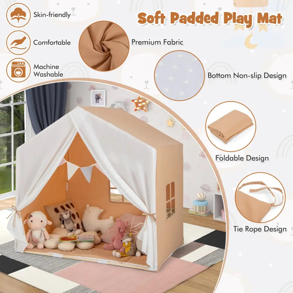 Kid’s Play Tent with Washable Cotton Mat and Flag Banner-Orange - Orange - Play Tents & Playhouse