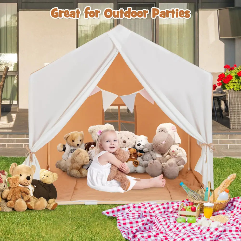 Kid’s Play Tent with Washable Cotton Mat and Flag Banner-Orange - Orange - Play Tents & Playhouse