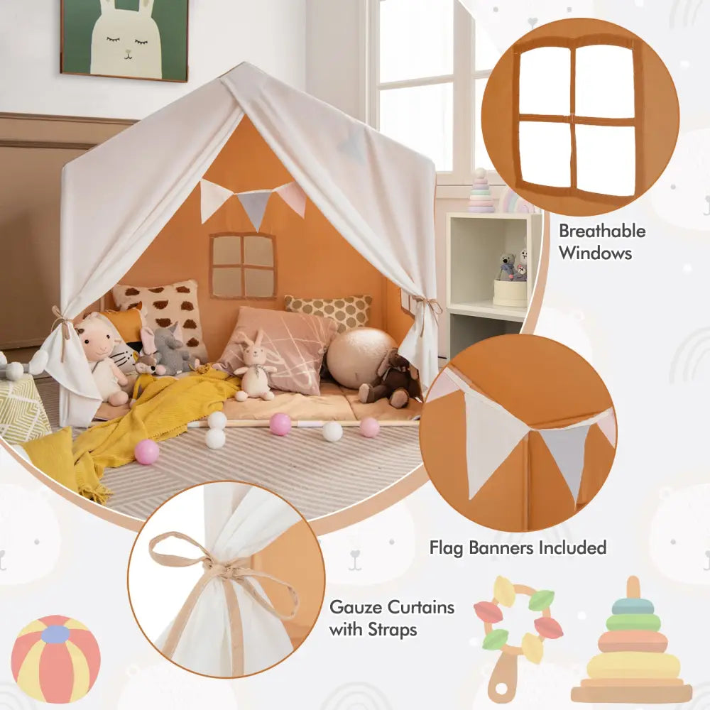 Kid’s Play Tent with Washable Cotton Mat and Flag Banner-Orange - Orange - Play Tents & Playhouse