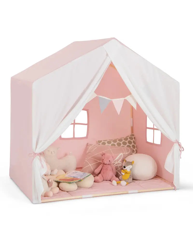 Kid’s Play Tent with Washable Cotton Mat and Flag Banner-Pink - Pink - Play Tents & Playhouse