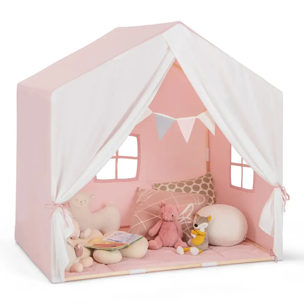 Kid’s Play Tent with Washable Cotton Mat and Flag Banner-Pink - Pink - Play Tents & Playhouse
