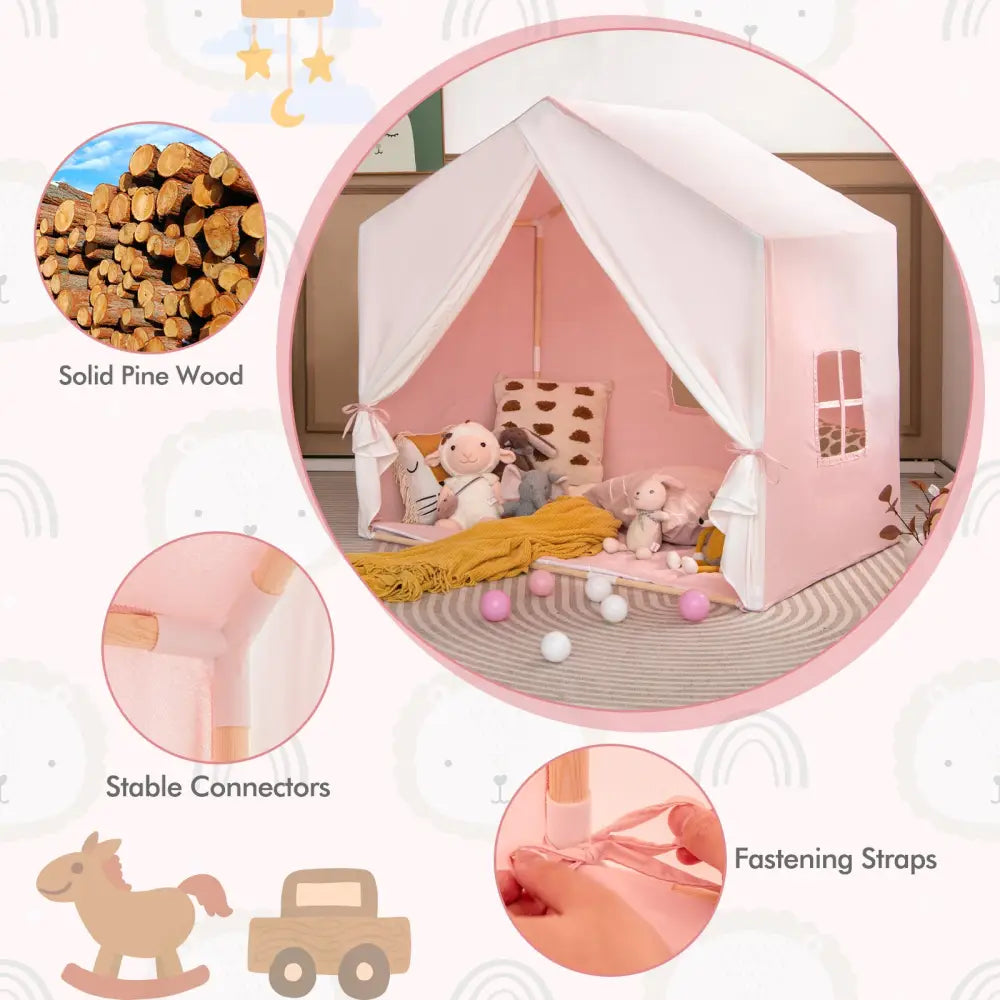 Kid’s Play Tent with Washable Cotton Mat and Flag Banner-Pink - Pink - Play Tents & Playhouse