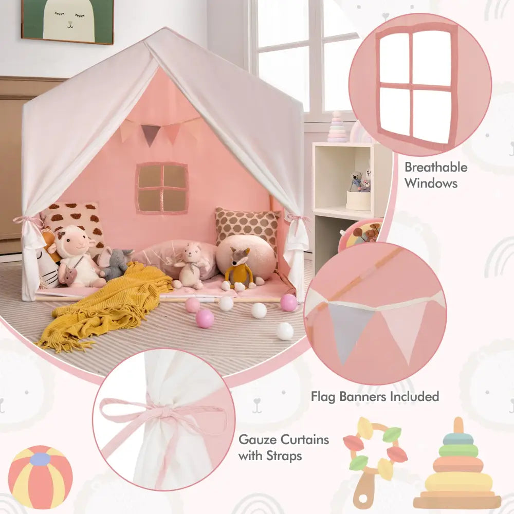 Kid’s Play Tent with Washable Cotton Mat and Flag Banner-Pink - Pink - Play Tents & Playhouse