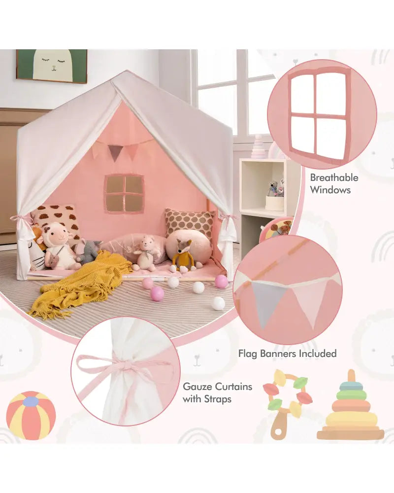Kid’s Play Tent with Washable Cotton Mat and Flag Banner-Pink - Pink - Play Tents & Playhouse