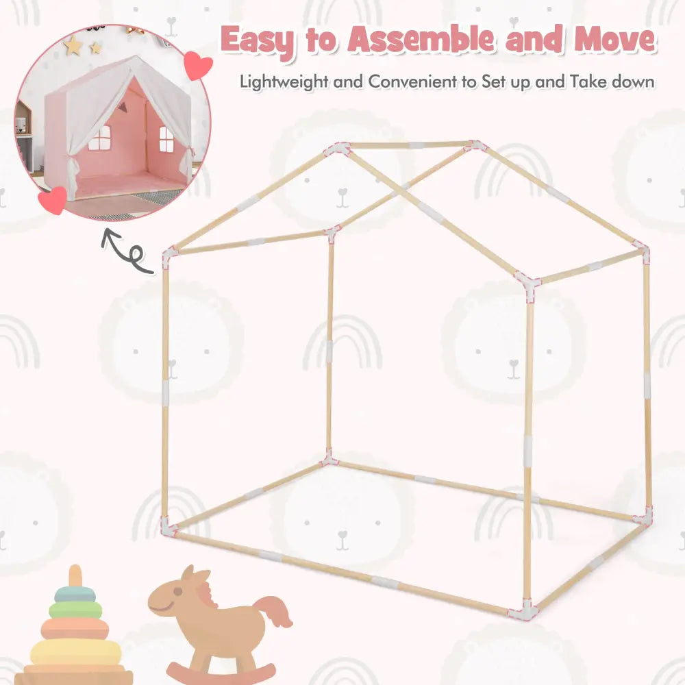 Kid’s Play Tent with Washable Cotton Mat and Flag Banner-Pink - Pink - Play Tents & Playhouse