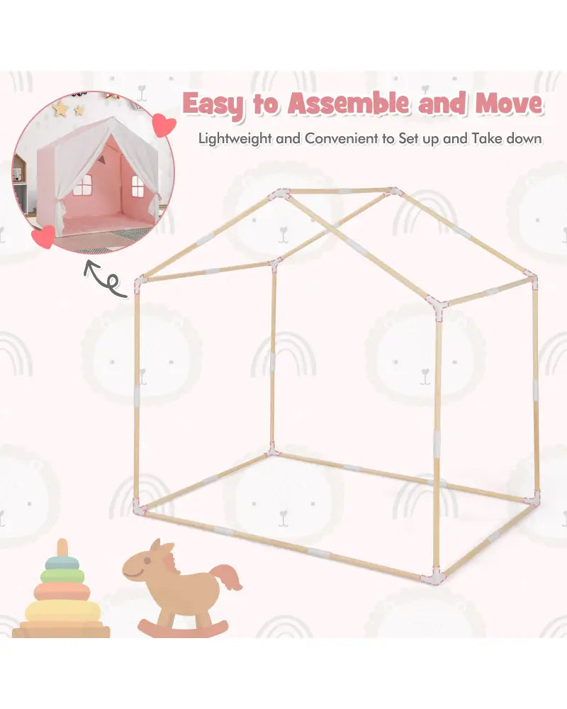 Kid’s Play Tent with Washable Cotton Mat and Flag Banner-Pink - Pink - Play Tents & Playhouse