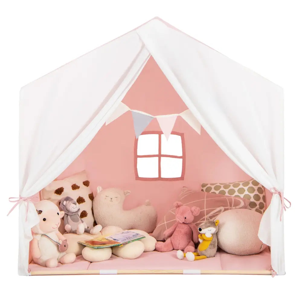 Kid’s Play Tent with Washable Cotton Mat and Flag Banner-Pink - Pink - Play Tents & Playhouse