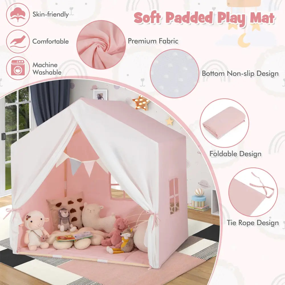 Kid’s Play Tent with Washable Cotton Mat and Flag Banner-Pink - Pink - Play Tents & Playhouse