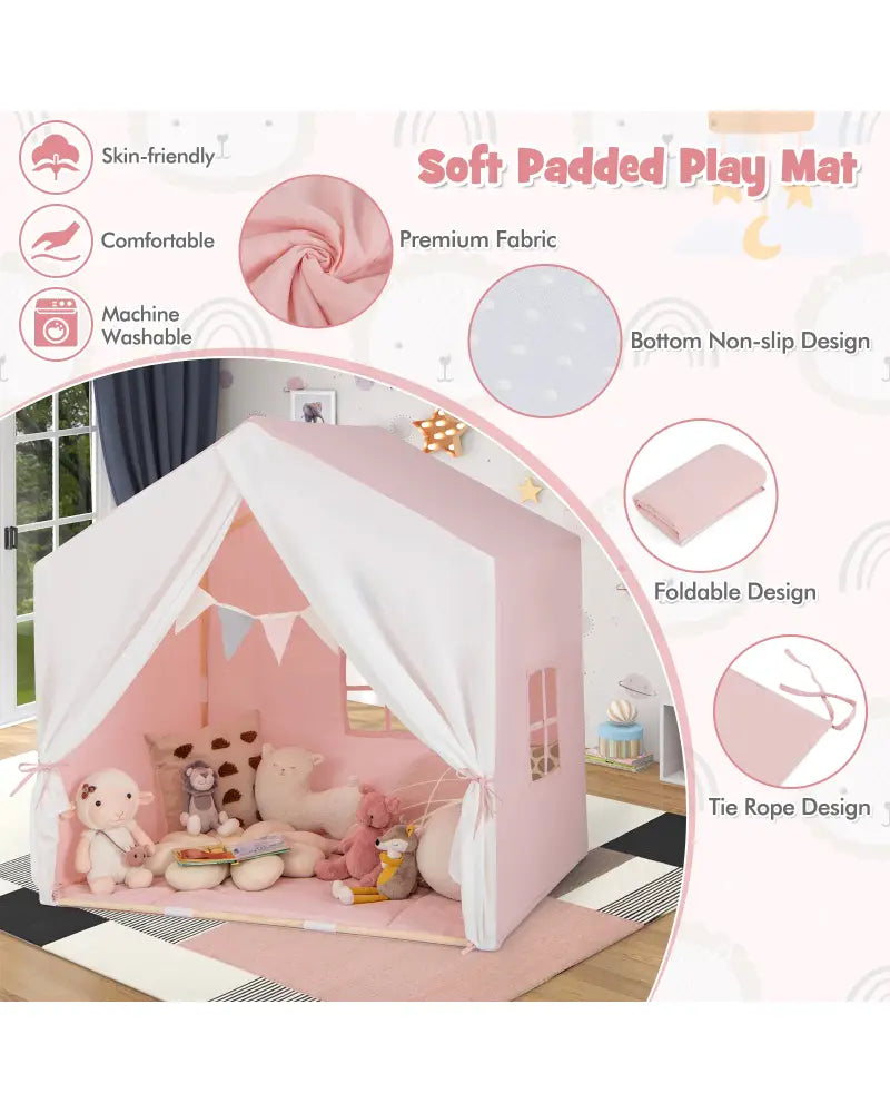 Kid’s Play Tent with Washable Cotton Mat and Flag Banner-Pink - Pink - Play Tents & Playhouse