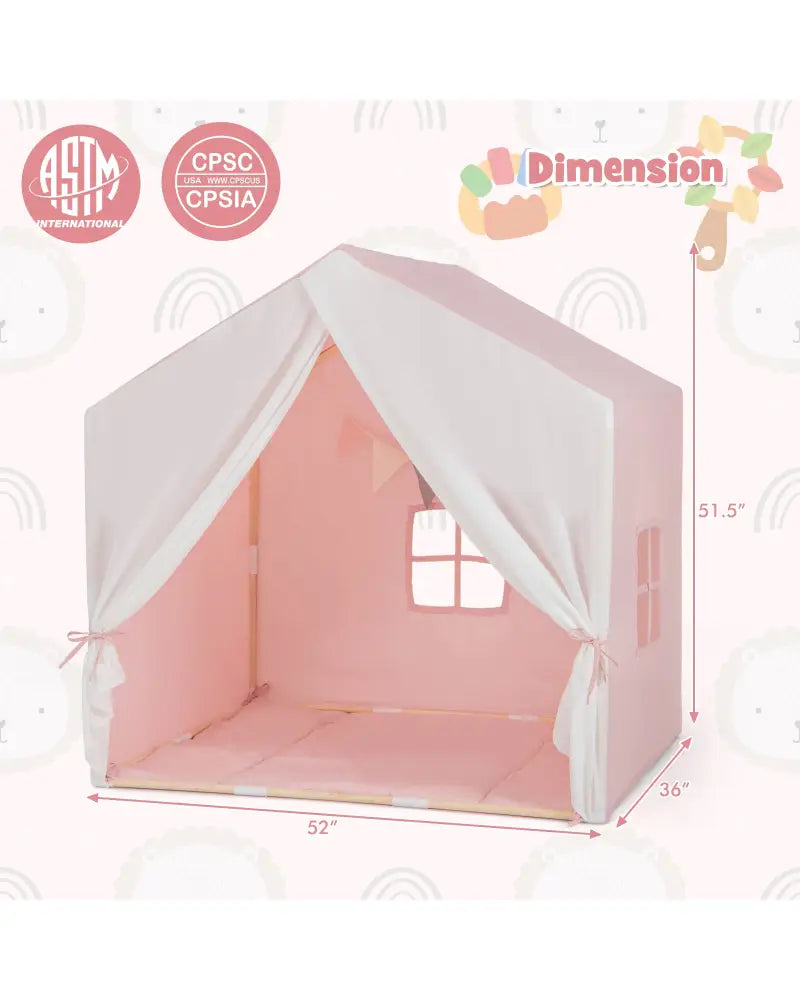Kid’s Play Tent with Washable Cotton Mat and Flag Banner-Pink - Pink - Play Tents & Playhouse