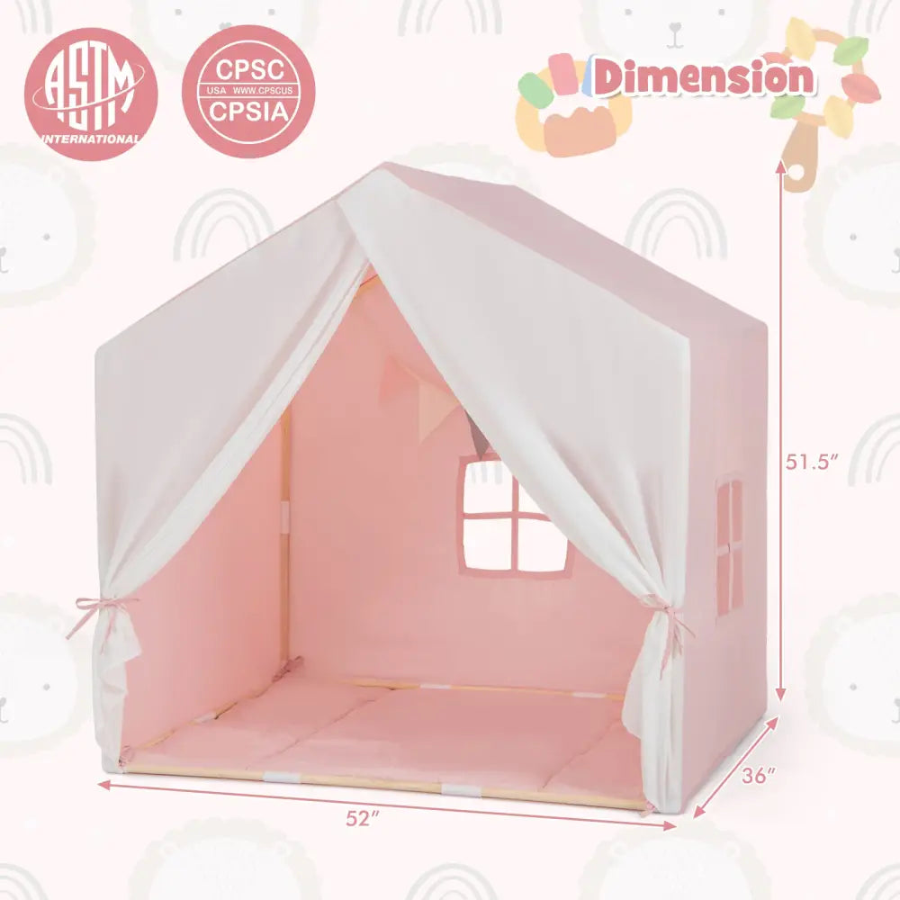 Kid’s Play Tent with Washable Cotton Mat and Flag Banner-Pink - Pink - Play Tents & Playhouse