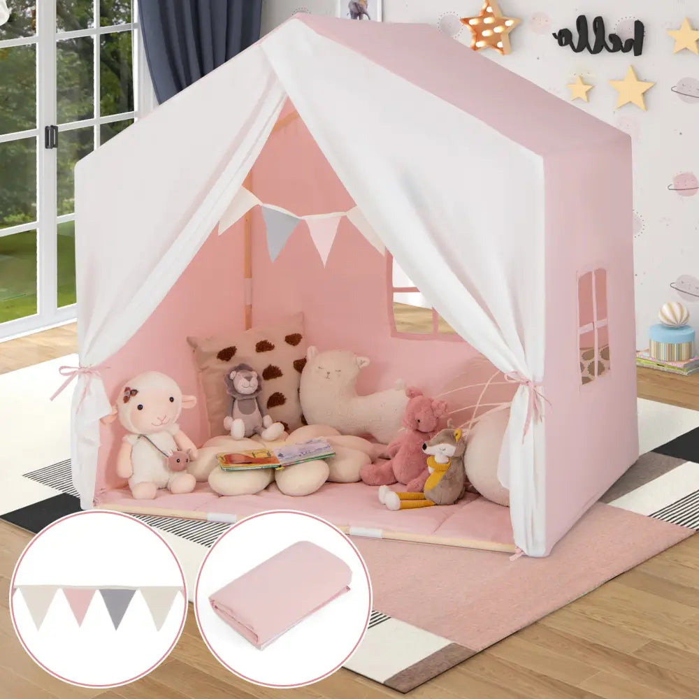 Kid’s Play Tent with Washable Cotton Mat and Flag Banner-Pink - Pink - Play Tents & Playhouse