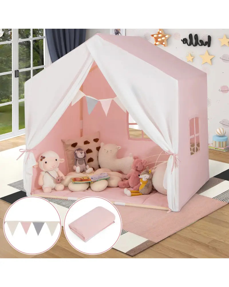 Kid’s Play Tent with Washable Cotton Mat and Flag Banner-Pink - Pink - Play Tents & Playhouse